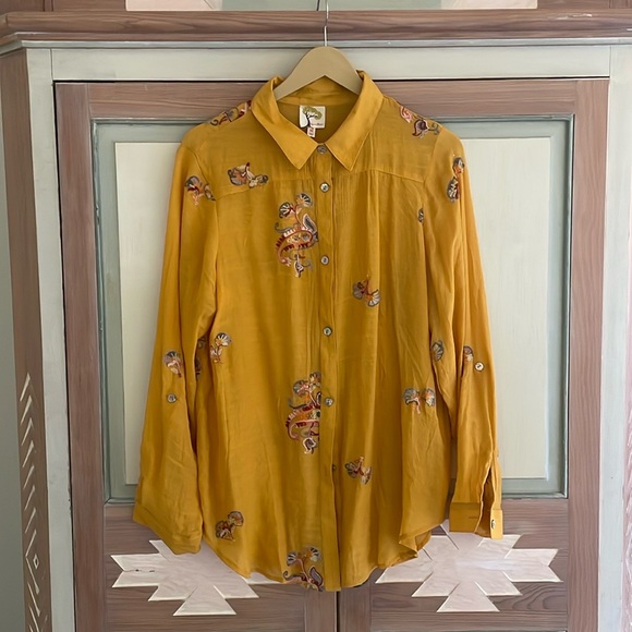 fig and flower Tops - fig and flower | Yellow Boho Floral Embroidered Button Roll Tab Shirt. Size XL